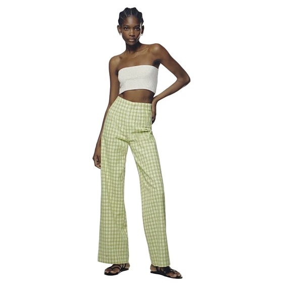 NEW ZARA Gingham Green White Wide-Leg High Rise Pant Emily in Paris Parisian XS - Picture 1 of 14
